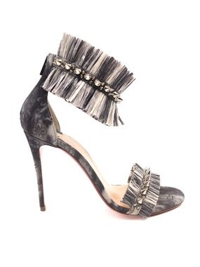 Christian Louboutin Denim Raffia Studded Ankle Strap Heels EU 36.5